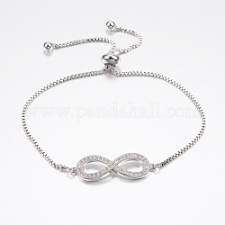 Bracelets bolo réglables en laiton, Bracelets coulissants, avec zircone et chaînes, infini, platine, 10-5/8 pouce (270 mm)