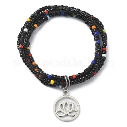 Bracelets de chaîne multi-boucles en perles de rocaille de verre, avec breloques en alliage de style tibétain, noir, diamètre intérieur: 2 pouce (5.2 cm)