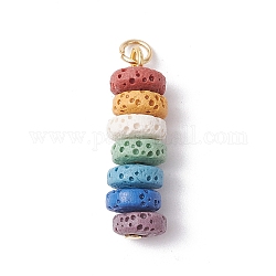 Pendentifs en perles teints en pierre de lave naturelle, Breloques disque chakra avec 304 boucle en acier inoxydable, colorées, or, 27.5x8mm, Trou: 3.5mm