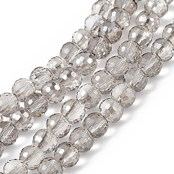 Transparent Electroplate Glass Beads Strands, Faceted(96 Facets), Round, Pearl Luster Plated, Dark Gray, 7.5~8x7mm, Hole: 1.2mm, about 70~72pcs/strand, 20.08~20.47 inch(51~52cm)