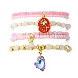 Set di braccialetti elasticizzati con perline di vetro e quarzo rosa naturale da 4 pz, Bracciale impilabile da donna con ciondoli amore rosa in lega e cuore, diametro interno: 4 pollice (2-1/8 cm), 5.4pc / style