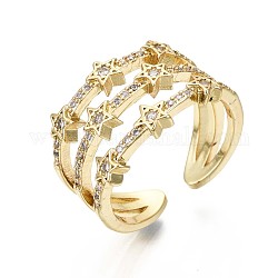 Латунные кольца из манжеты с прозрачным цирконием, открытые кольца, широкая полоса кольца, без никеля , звезда, реальный 16k позолоченный, внутренний диаметр: 17 мм