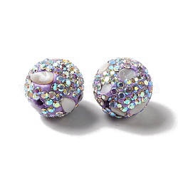 Perles de strass en argile polymère, avec éclats d'imitation de pierres précieuses, ronde, lilas, 16x17mm, Trou: 1.8mm