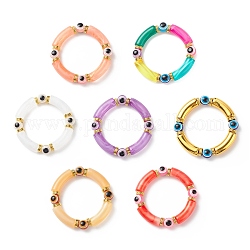 7Pcs 7 Color Acrylic Curved Tube & Plastic Evil Eye Beaded Stretch Bracelets Set, Lucky Stackable Bracelets for Women, Mixed Color, Inner Diameter: 2-1/8 inch(5.5cm), 1Pc/color