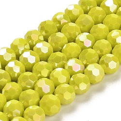 Opaque Glass Beads Stands, AB Color, Faceted(32 Facets), Round, Yellow, 10x8.5~9mm, Hole: 1.6mm, about 67pcs/strand, 23.62 inch(60cm)