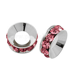 Abalorios de latón Diamante de imitación espaciador, Grado A, rerondana plana, color plateado, rosa, 9x4mm