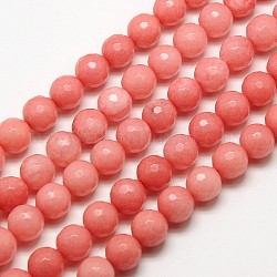 Natural Malaysia Jade Bead Strands, Faceted Round Dyed Beads, Light Coral, 8mm, Hole: 1mm, about 46pcs/strand, 14.5 inch
