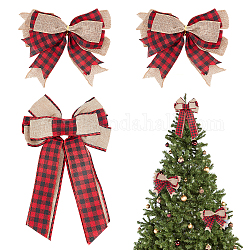 Ahademaker 3pcs 2 Stil Tartanmuster Leinentyp Tuch Bowknot Display Dekoration, mit eisernem Bindeband, Thema Weihnachten, rot, 230~375x220~240x24~37.5 mm