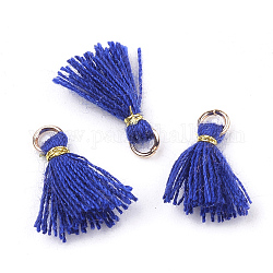 Décorations pendentif pompon en polycoton (coton polyester), mini pompon, avec des accessoires en fer et cordon métallique, or clair, bleu, 10~15x2~3mm, Trou: 1.5mm