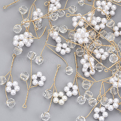 ABS Plastic Imitation Pearl Pendants, with Glass and Light Gold Plated Brass Wire, Flower, Creamy White, 42x14~35x6mm, Hole: 1.4~1.8mm