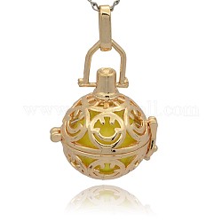 Golden Tone Brass Hollow Round Cage Pendants, with No Hole Spray Painted Brass Round Ball Beads, Champagne Yellow, 35x25x21mm, Hole: 3x8mm