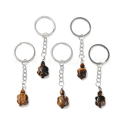 Porte-clés oeil de tigre naturel tortue, porte-clés pendentif pierre porte-bonheur, avec les accessoires en fer, 8.9 cm
