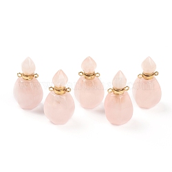 Facetas colgantes de cuarzo natural rosa, botella de perfume abrible, con fornituras de latón de tono de oro, 32~33x17~18x16mm, agujero: 2 mm, capacidad: 1ml (0.03 fl. oz)