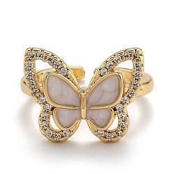 Латунные кольца из манжеты с прозрачным цирконием, открытые кольца, с эмалью, бабочка, реальный 18k позолоченный, внутренний диаметр: 16.5x17 мм