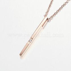 304 Stainless Steel Cubic Zirconia Pendant Necklaces, Bar/Stick, Rose Gold, 17.7 inch(45cm)