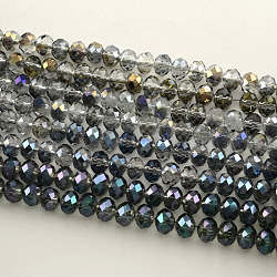 Perlas de vidrio rondelle facetado electrochapado, color mezclado, 6x4mm, agujero: 1.5 mm, aproximamente 87~90 pcs / cadena