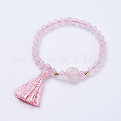 Bracelets avec breloque de pompon, avec naturel rose perles de quartz, ronde, 2 pouces (52 mm)