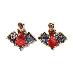Boucles d'oreilles pendantes tressées en graines de verre de chauve-souris d'Halloween, 316 bijoux enveloppés en acier inoxydable pour femmes, rouge, 60mm, pin: 0.6 mm
