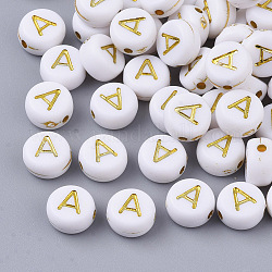 Perles acryliques plaquées, métal doré enlaça, trou horizontal, rond et plat avec alphabet, blanc, letter.a, 7x3.5mm, Trou: 1.2mm, environ 3600 pcs/500 g