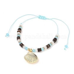 Bracelets de perles tressées en fil de nylon ajustable, avec pendentifs en forme de coquille en laiton, Perles de coquille, perles de verre et perles d'espacement en laiton strass, or, colorées, diamètre intérieur: 1-1/2 pouce (3.7 cm)