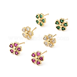 Rack Plating Brass Cubic Zirconia Stud Earrings for Women, Cadmium Free & Lead Free, Heart Flower, Real 18K Gold Plated, Mixed Color, 10.5x11mm, Pin: 0.7mm