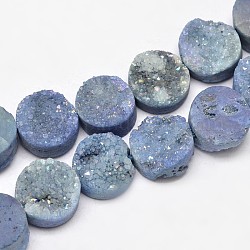 Flache runde galvani natürliche druzy Quarzkristall Perlen Stränge, AB Farbe, gefärbt, hellstahlblau, 14x6~7 mm, Bohrung: 1 mm, ca. 14 Stk. / Strang, 8 Zoll