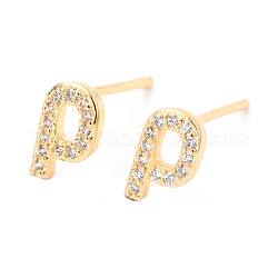 Brass Micro Pave Clear Cubic Zirconia Stud Earrings, Greek Alphabet, Real 18k Gold Plated, Letter.R, 8.5x5.5x1.8mm, Pin: 0.9mm