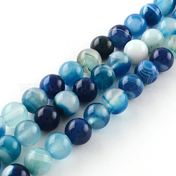 Dyed Natural Striped Agate/Banded Agate Round Bead Strands, Dodger Blue, 8mm, Hole: 1mm, about 48pcs/strand, 14.9 inch