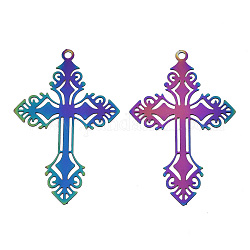 Ion Plating(IP) 201 Stainless Steel Filigree Pendants, Etched Metal Embellishments, Cross, Rainbow Color, 40x25x0.3mm, Hole: 1.6mm