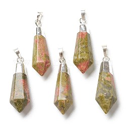 Natural Unakite Pendants, with Silver Brass Findings, Faceted, Bullet, 40x12x11mm, Hole: 7x5mm
