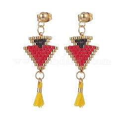 Triangle tressé en graines de verre avec boucles d'oreilles pendantes à pampilles en coton, bijoux en acier inoxydable doré 304 pour femme, rouge, 41mm, pin: 0.8 mm