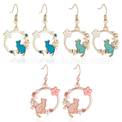 ANATTASOUL 3 Pairs 3 Colors Resin Flower & Enamel Cat & Rhinestone Star Dangle Earrings, Light Gold Alloy Jewelry for Women, Mixed Color, 42mm, Pin: 0.7mm, 1 Pair/color