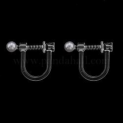 Pendientes de clip de plástico fornituras, con cuentas de perlas de imitación de resina y resorte de hierro, Platino, 14x11x3mm