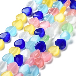 Chapelets de perles d'œil de chat en verre, cœur, couleur mixte, 12x12x3mm, Trou: 1mm, Environ 32 pcs/chapelet, 14 pouce