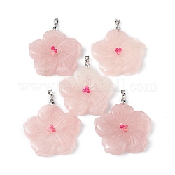Gros pendentifs en quartz rose naturel, breloques de fleur de pêcher, avec bélières en alliage plaqué platine, 57x48x9mm, Trou: 6x4mm