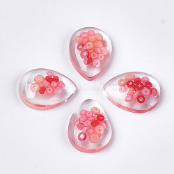 Transparente Harzcabochons, mit Saatperlen innen, Träne, rosa, 20x15x6 mm