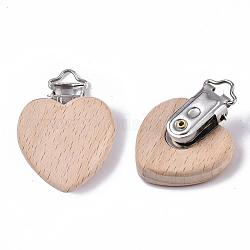 Pinzas porta chupetes de madera de haya, con clips de hierro, corazón, Platino, burlywood, 48x38x18.5mm, agujero: 3.5x6 mm