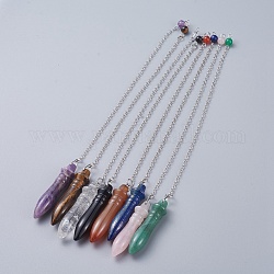 Natural Mixed Stone Pointed Dowsing Pendulums, with Brass Cable Chains, Bullet, 238~255mm, Hole: 2.5mm, Pendants: 53x12mm