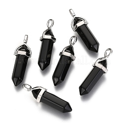Natürliche schwarze Obsidian-Doppelend-Spitzen-Anhänger, mit zufälligen Legierung Anhänger Sechseck Perlenkappe Kautionen, Kugel, Platin Farbe, 36~45x12 mm, Bohrung: 3x5 mm, Edelstein: 10 mm Durchmesser