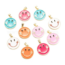 Brass Enamel Pendants, Real 18K Gold Plated, Long-Lasting Plated, Flat Round with Smiling Face, Mixed Color, 27x24.5x2.5mm, Hole: 5x3.5mm