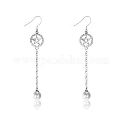 Brass Cubic Zirconia Tassel Earrings, with Earring Hooks and Imitation Pearl Round Beads, Flat Round with Star/Pentagram, Clear, Platinum