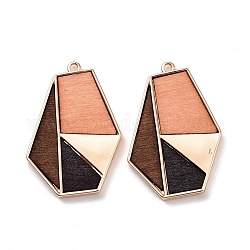 Alloy Pendants, with Dyed Wood, Irregular Hexagon with Geometric Pattern, Light Gold, 41x28.5x3mm, Hole: 2mm