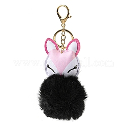 Porte-clés boule de fourrure de lapin imitation rex et pendentif en cuir pu renard, avec fermoir en alliage, pour décoration de pendentif de voiture de sac, noir, 17 cm