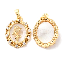 Brass Micro Pave Cubic Zirconia Pendants, with Shell, Oval with Flower Charms, Golden, 21x15.5x5mm, Hole: 2.2x3.8mm