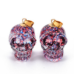 Electroplate K9 Glass Pendants, with Golden Plated Brass Bails, Crackle, Skull, Halloween, Light Coral, 25x26~27x19mm, Hole: 5x3mm