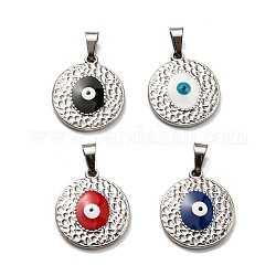 304 Stainless Steel Pendants, with Enamel, Flat Round with Evil Eye Charm, Stainless Steel Color, Mixed Color, 18x16x2.5mm, Hole: 5.5x3.5mm