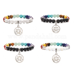 4Pcs 4 Style Natural & Synthetic Mixed Gemstone Round Beaded Stretch Bracelets Set, Chakra Bracelet with Alloy Lotus Charms for Women, Inner Diameter: 2-1/8 inch(5.5cm), 1Pc/style