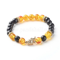 Imitation ambre et imitation oeil de chat résine perles rondes bracelets extensibles, avec des perles en laiton, éléphant, jaune, diamètre intérieur: 2-1/4 pouce (5.8 cm), 7.5mm