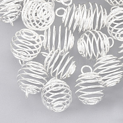 Pendentifs en fil de fer, pendentifs de cage de perle en spirale, ronde, couleur d'argent, 30x24mm, Trou: 7mm