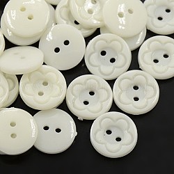 Acryl-Näh-Tasten für Kleidung Design, Kunststoff-Tasten, 2-Loch, gefärbt, flach rund mit Blumenmuster, weiß, 15x3 mm, Bohrung: 1 mm